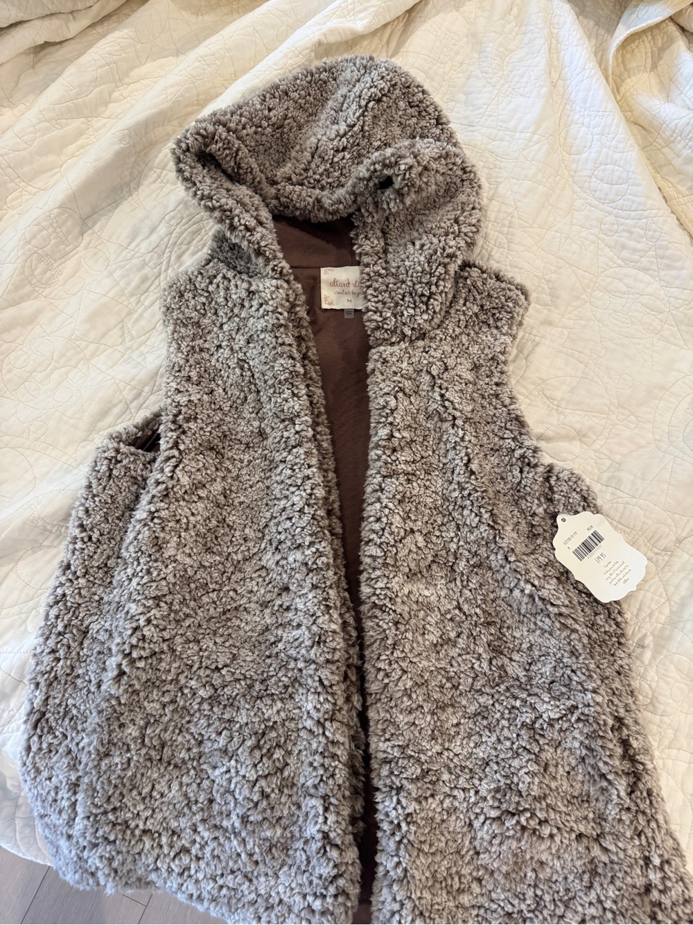 Altar'd State Plush Hooded Sherpa Vest - Taupe Gray
